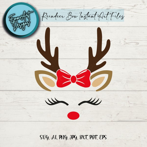 Reindeer with Bow - Instant Digital Download - svg, png, dxf, ai, pdf, jpg and eps files  - Christmas, Reindeer Face, Antlers, Girl