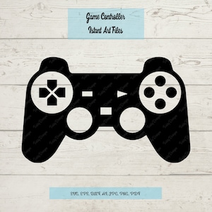 May include: A black silhouette of a video game controller with buttons and a directional pad. The controller is on a white wood background. The text "Game Controller" and "Instant Art Files" is above the controller. The text "SVG, EPS, DXF, AI, JPG, PNG, PDF" is below the controller.