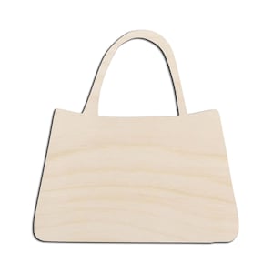 May include: A wooden cutout of a handbag with a handle. The cutout is unpainted and has a natural wood finish.