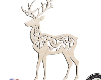 Floral Deer Buck Laser Cut Out Unfinished Wood Shape Craft Supply