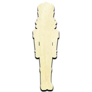 May include: A wooden nutcracker cutout, ready to be painted or decorated. The cutout is in the shape of a traditional nutcracker, with a tall hat, a long coat, and a mustache.