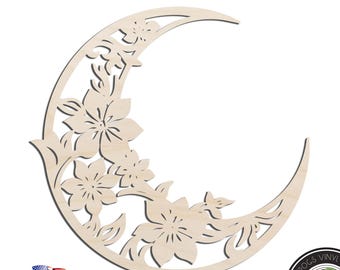 Floral Crescent Moon #3 Laser Cut Out Unfinished Wood Shape Craft Supply