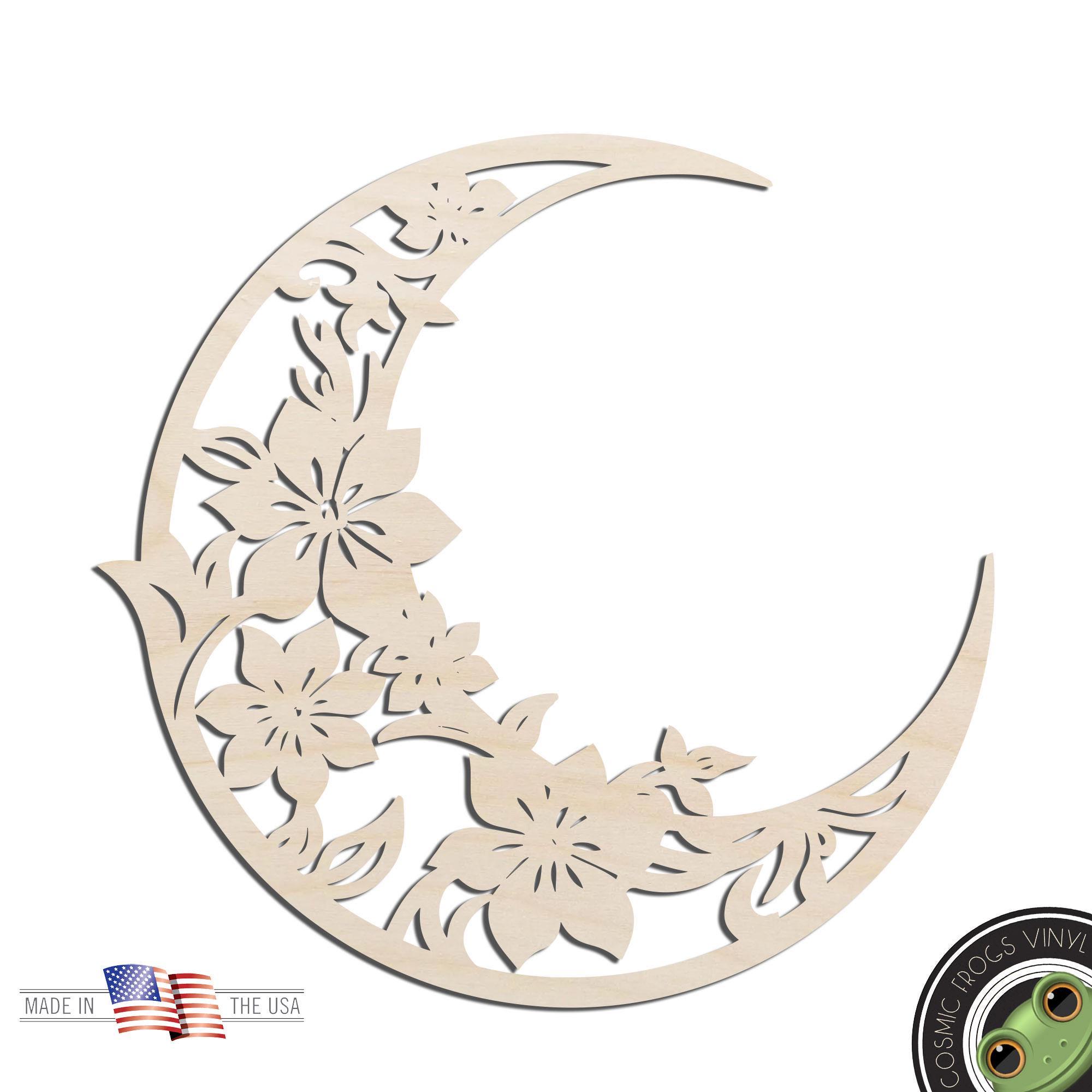 Floral Crescent Moon #3 Laser Cut Out Unfinished Wood Shape Craft