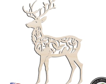 Floral Deer Buck Laser Cut Out Unfinished Wood Shape Craft Supply