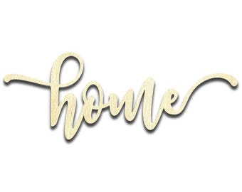 May include: A light-colored wooden wall cutout featuring the word home written in a continuous, flowing cursive script. The material displays a natural wood grain texture throughout the letters, which are connected in a single, elegant piece.