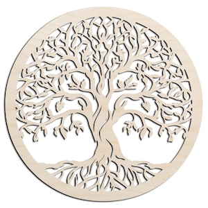 May include: A circular light-colored wooden wall hanging featuring a laser-cut design of a tree with intricate branches, leaves, and exposed roots. The entire structure is enclosed within a solid circular wooden frame, creating a detailed silhouette.