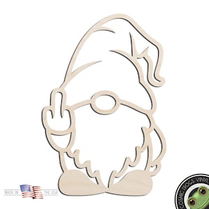 May include: A light-colored wooden cutout in the shape of a gnome wearing a tall, floppy hat. The gnome has a large beard, a round nose, and one hand raised with the middle finger extended. The cutout features clean, laser-cut edges throughout.
