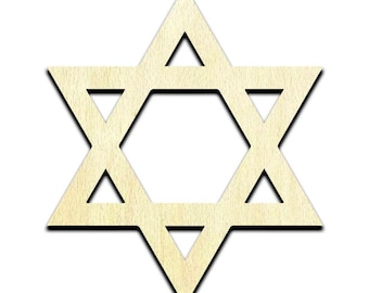 May include: A flat, six-pointed Star of David cutout made of light-colored wood with a visible natural grain. The geometric shape features two overlapping equilateral triangles forming a central hexagon, with clean, sharp edges and a smooth surface.