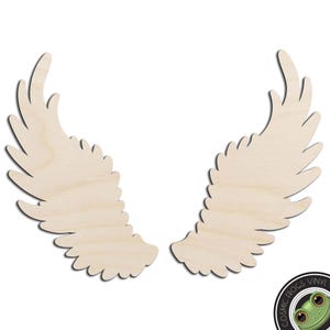May include: Two unfinished wooden angel wings, each with a detailed feather design. The wings are separate and can be used for crafts, decorations, or other projects.