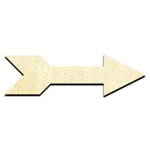 May include: A flat, light-colored wooden cutout in the shape of an arrow pointing to the right. The object features a straight central shaft, a triangular arrowhead on the right side, and a notched, V-shaped tail on the left side with a grain.