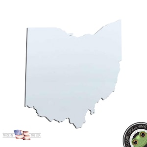 May include: A light blue vinyl decal in the shape of the state of Ohio. The decal has a shadow effect, and the words "MADE IN THE USA" are printed on the bottom left with the American flag.