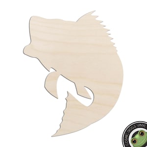 May include: A wooden cutout of a bass fish in a jumping pose. The cutout is unpainted and ready to be decorated.