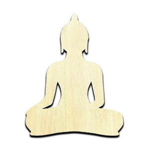May include: Wooden cutout of a meditating Buddha figure. The figure is in a seated position with legs crossed and hands resting in the lap.