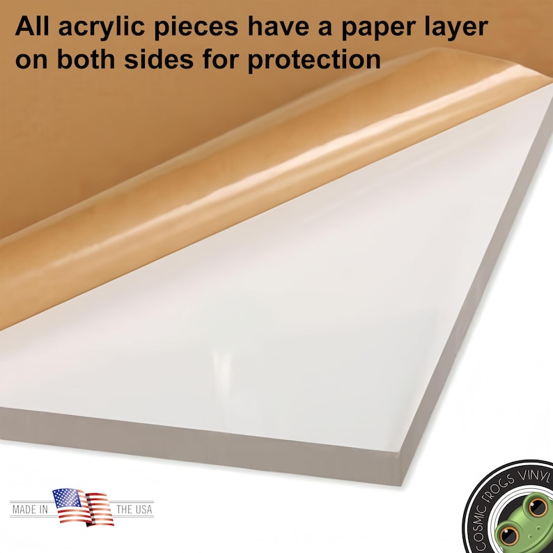 May include: A rectangular white acrylic sheet partially covered by a brown protective paper layer. The text reads: All acrylic pieces have a paper layer on both sides for protection. A small American flag icon and a circular logo with a green frog are visible.