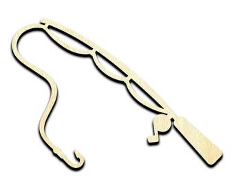 May include: A flat, light-colored wooden cutout in the shape of a fishing rod. The design features a long, slender rod with a reel, a curved line extending from the tip, and a single hook at the end of the line, all rendered in a simple silhouette.