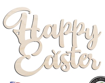 Happy Easter Text Words Laser Cut Out Unfinished Wood Shape Craft Supply
