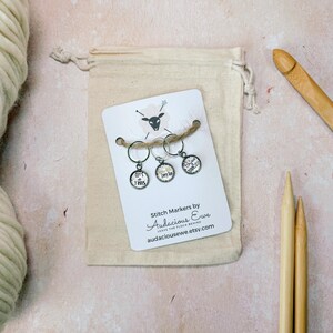 May include: Set of three silver stitch markers with colorful, inspirational phrases: "Let's Do This", "Every Day", and "Believe in Yourself". The markers are displayed on a white card with a sheep illustration and the text "Stitch Markers by Audacious Ewe".