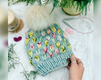 A New Leaf Beanie Knitting Pattern Using Mosaic Knitting, Digital Download Leaf Stitch Knitting Pattern for Super Bulky to Light Bulky Yarnl