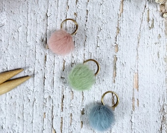 Set of three Pom Pom Stitch Marker's Pink, Blue and Green Crochet Progress Keeper's Knitting Notion  Gifts for Knitters
