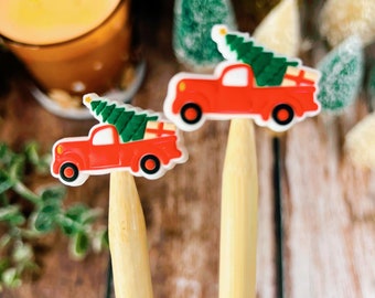 Red Christmas Truck Stitch Stoppers with Christmas Tree Design are Just Perfect for Keeping Those Precious Knitting Stitches Safe!