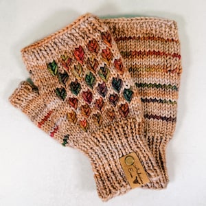 Könnte beinhalten: Ein Paar fingerlose Handschuhe in einem braunen, orangefarbenen und grünen Farbschema mit einem Herzmuster. Die Handschuhe haben ein Leder-Etikett mit der Aufschrift "Indulge Every Sense".
