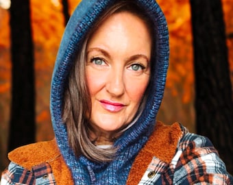 The December Hood Knitting Pattern, Bandana Cowl With Built In Hood and I-Cord, Digital Download Wriiten for Aran Worsted  Video Tutorials