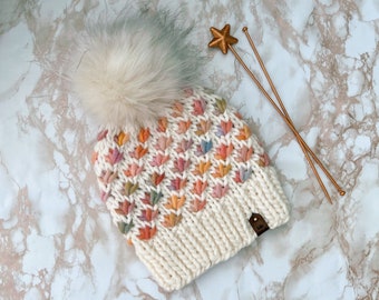Luxury Merino Lotus Flower Beanie Rainbow and Cream Luxury Adult Hat Ladies Knitted Beanie Hand Knit Beanie Indie Dyed Merino