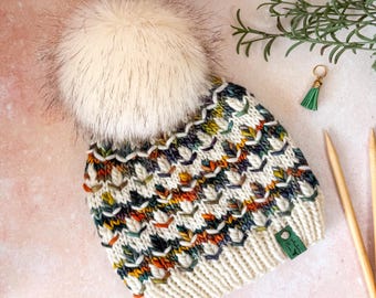 Forest Echo Beanie Knitting Pattern, Mosaic Knit Hat, 5 Yarn Weights, Aran to Super Chunky, PDF Pattern Video Tutorial