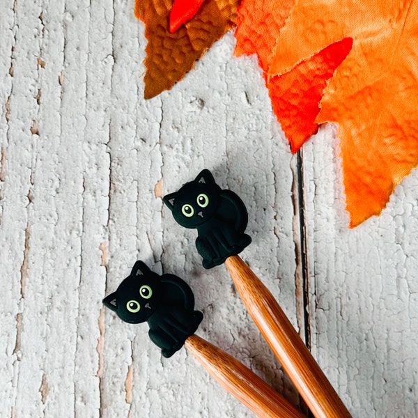 Tapones de puntada de gato negro Guardianes de puntadas de Halloween Cuidadores de agujas Protectores de puntos Nociones de punto Brujas Gato Regalo de otoño para tejedores