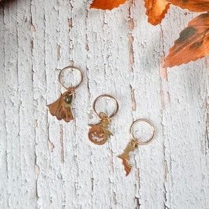 Set of Three Luxury Spooky Halloween Stitch Markers for Knitting Crochet Progress Keeper Cute Autumn Gift for Knitters Crocheter Gold Charms