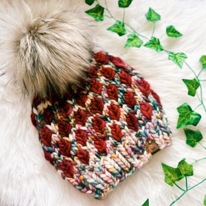 Luxury New Leaf Merino Beanie, Contrasting Colours Warm Adult Hat Ladies Knitted Beanie Hand Knit Malabrigo Merino Beanie Gift for Women