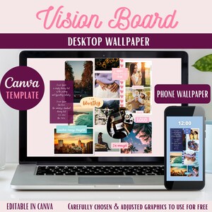 VISION BOARD Desktop & Phone wallpaper screensaver | Canva template | Customizable Digital Law of attraction | 1920 x 1080 px (16:9 ratio)