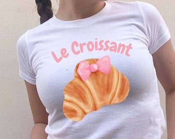Le Croissant Baby Tee Women, Coquette Aesthetics Pink Girly Baby Tee, Trendy Tops Girls, Cute Gifts For Girls, Retro Shirt