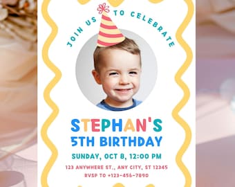 5th Birthday Colorful Invite Boys, Editable CANVA Template, Funny Birthday Invitation Kids
