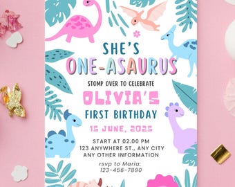 Faire-part premier anniversaire dinosaure, modèle CANVA modifiable