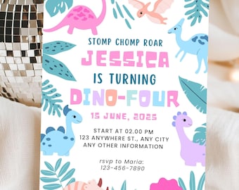 Convite de aniversário de quatro anos com tema de dinossauro para menina, modelo editável em CANVA, convite para festa de dinossauro