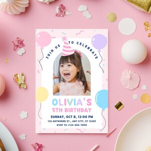 May include: A pink birthday invitation with a photo of a young girl wearing a party hat. The invitation includes text that reads "Join Us To Celebrate Olivia's 5th Birthday" with date, time, and location details. Balloons and confetti decorate the design.