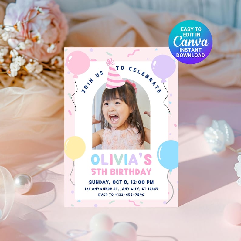 May include: A pink birthday invitation with a photo of a smiling child wearing a party hat. The invitation includes text that says "Join Us To Celebrate" and "Olivia's 5th Birthday". It also includes the date, time, and location of the party.