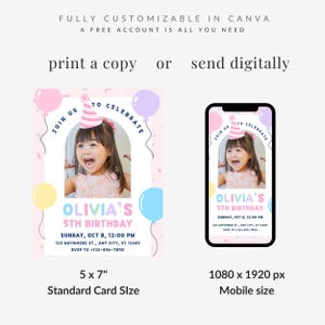 May include: Pink birthday invitation design with a photo of a young girl wearing a party hat. The invitation includes text that reads "Olivia's 5th Birthday" and event details. The design is available in a 5x7 inch card size and a mobile size.