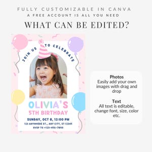 May include: A customizable birthday invitation template with a photo of a child, balloons, and the text "OLIVIA'S 5TH BIRTHDAY." The template includes editable text and photo options. The invitation is in pink, blue, yellow, and purple.