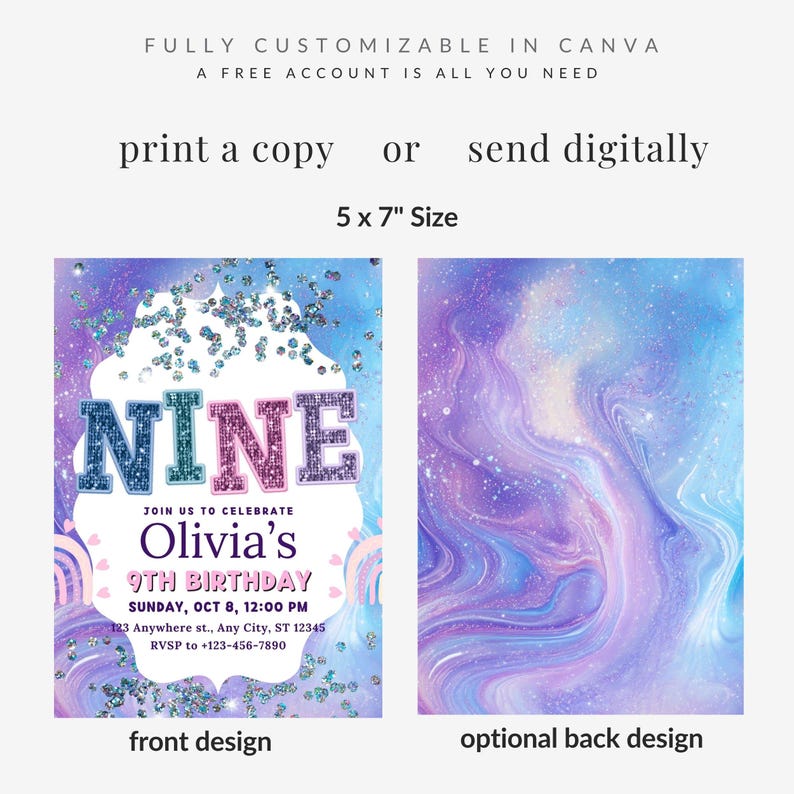 Purple Glitter 9th Birthday Invitation, Editable CANVA Template - Etsy
