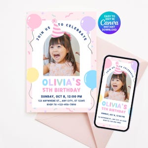 May include: A pink birthday invitation with a photo of a young girl wearing a party hat. The invitation includes text that reads "Olivia's 5th Birthday" and event details. A smartphone displays the same design.