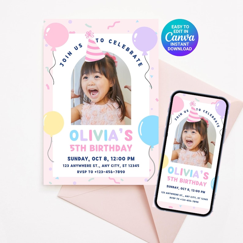 May include: A pink birthday invitation with a photo of a young girl wearing a party hat. The invitation includes text that reads "Olivia's 5th Birthday" and event details. A smartphone displays the same design.
