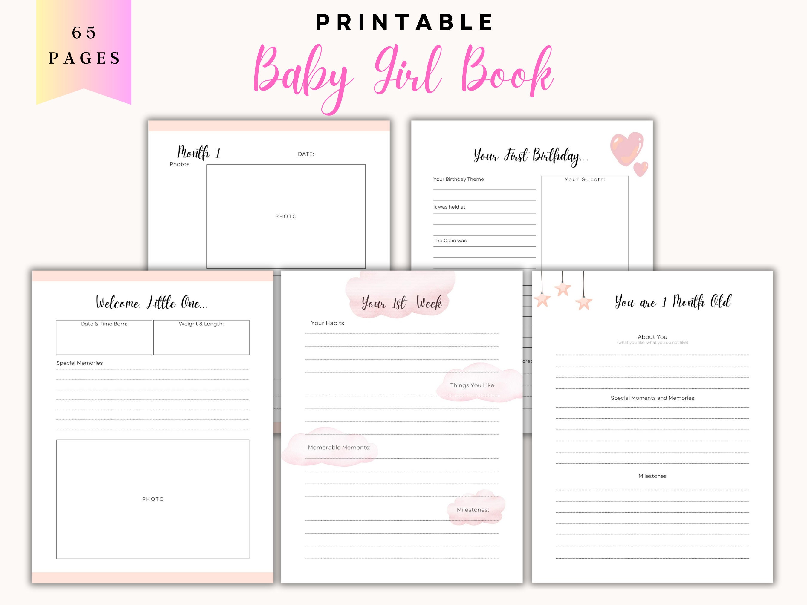 Baby Memory Book Printable PDF for Girls, Baby Book First Five Years