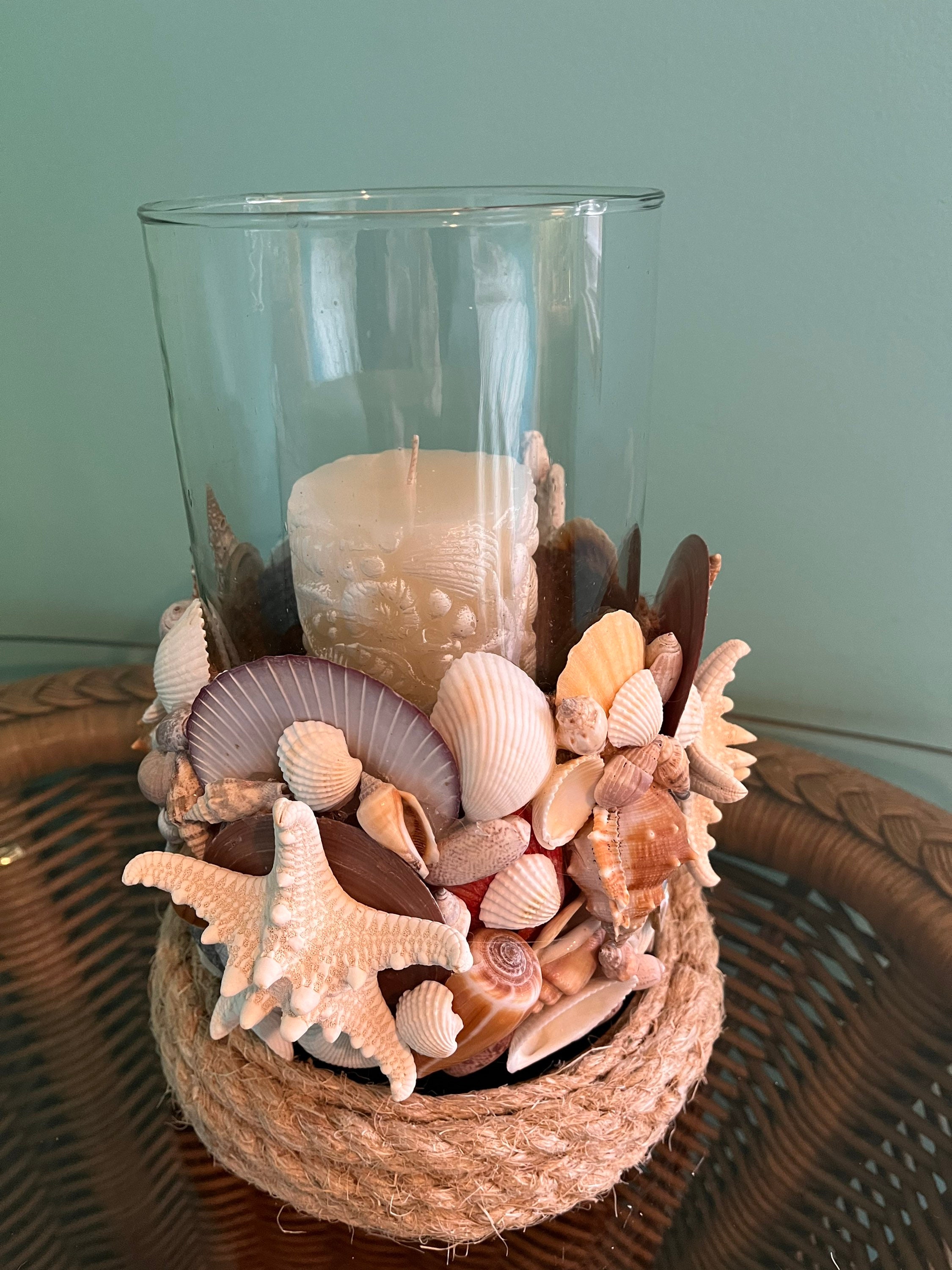 Three Piece Set Nautical Themed Seashell Hurricane Candle Etsy