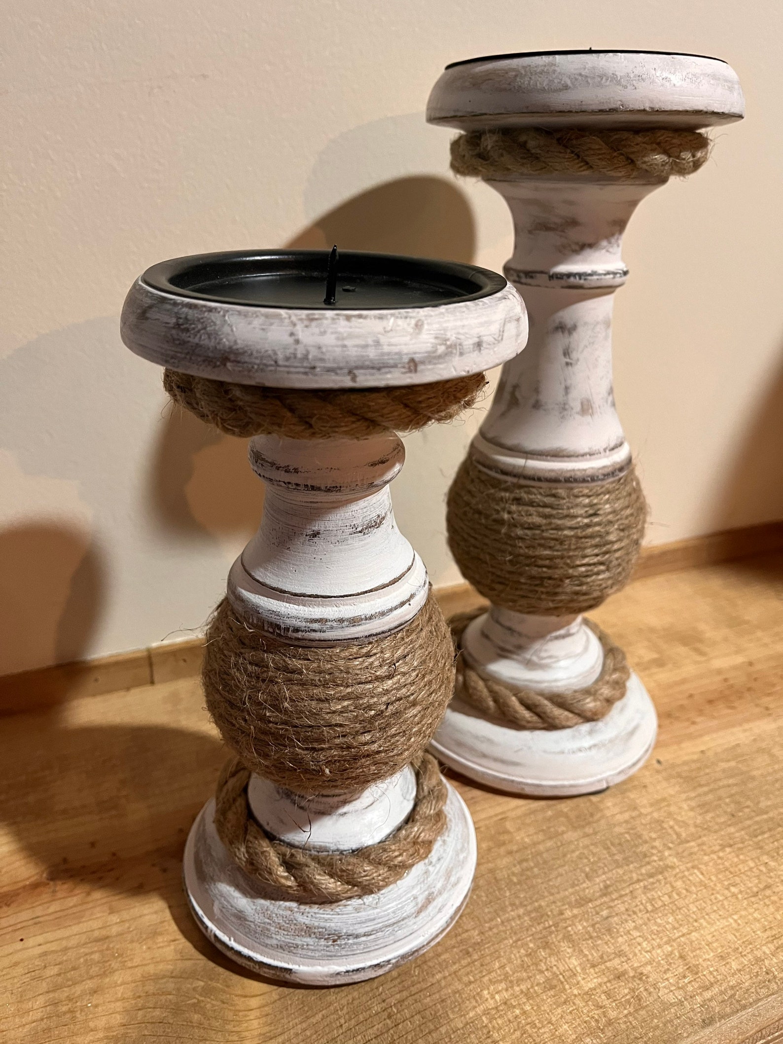 Set of Two Varied Height Candle Holders With Rope/jute, Nautical or