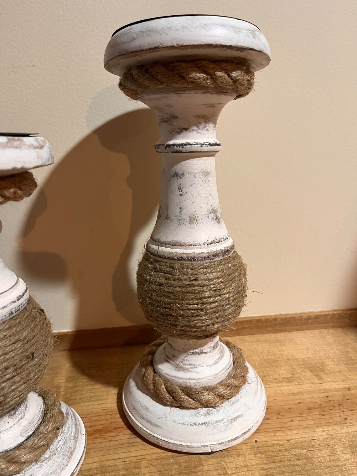 Set of Two Varied Height Candle Holders With Rope/jute, Nautical or