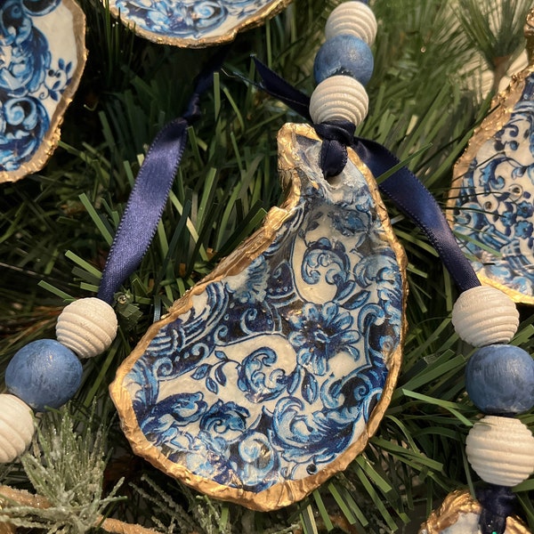 Christmas ornament: Royal & Navy Blue Patterned Decoupage Oyster Ornament with Gold Gilt Outer Shell