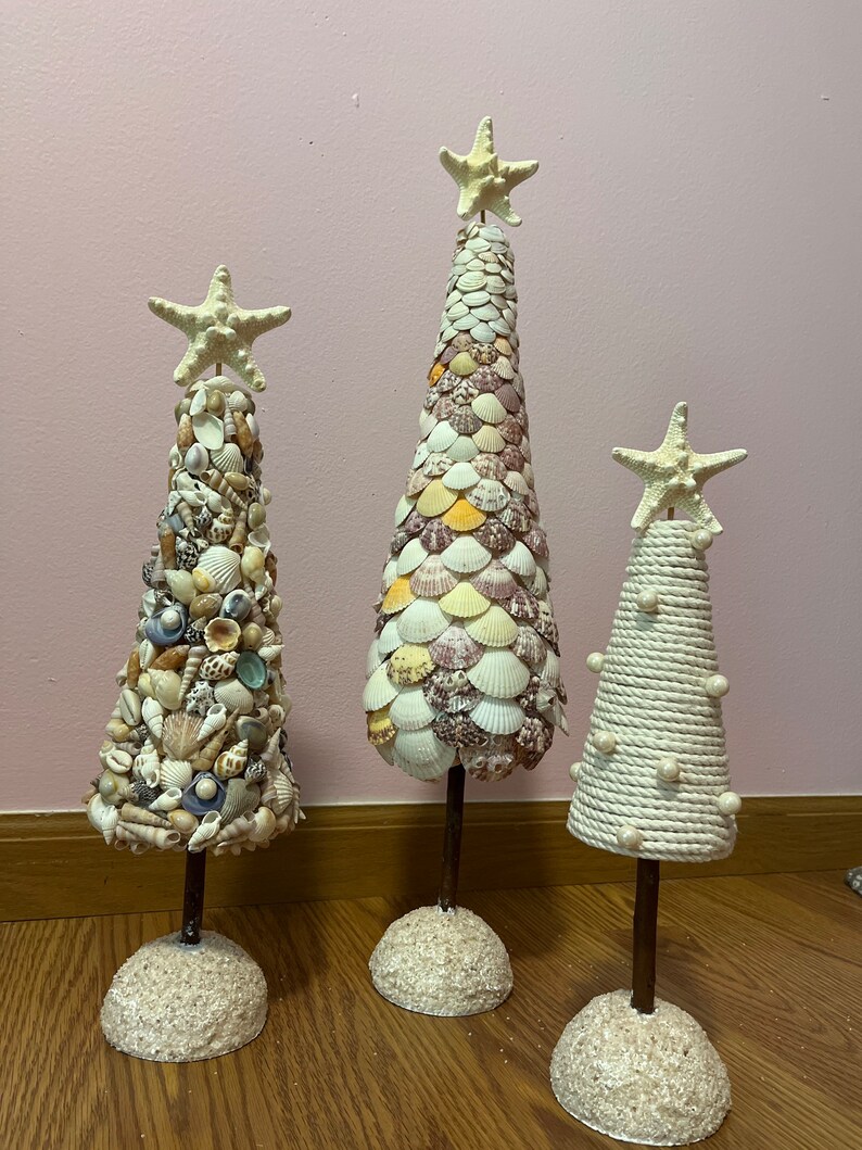 Set of 3 Seashell Christmas Tree Table Top Accents Nautical Holiday