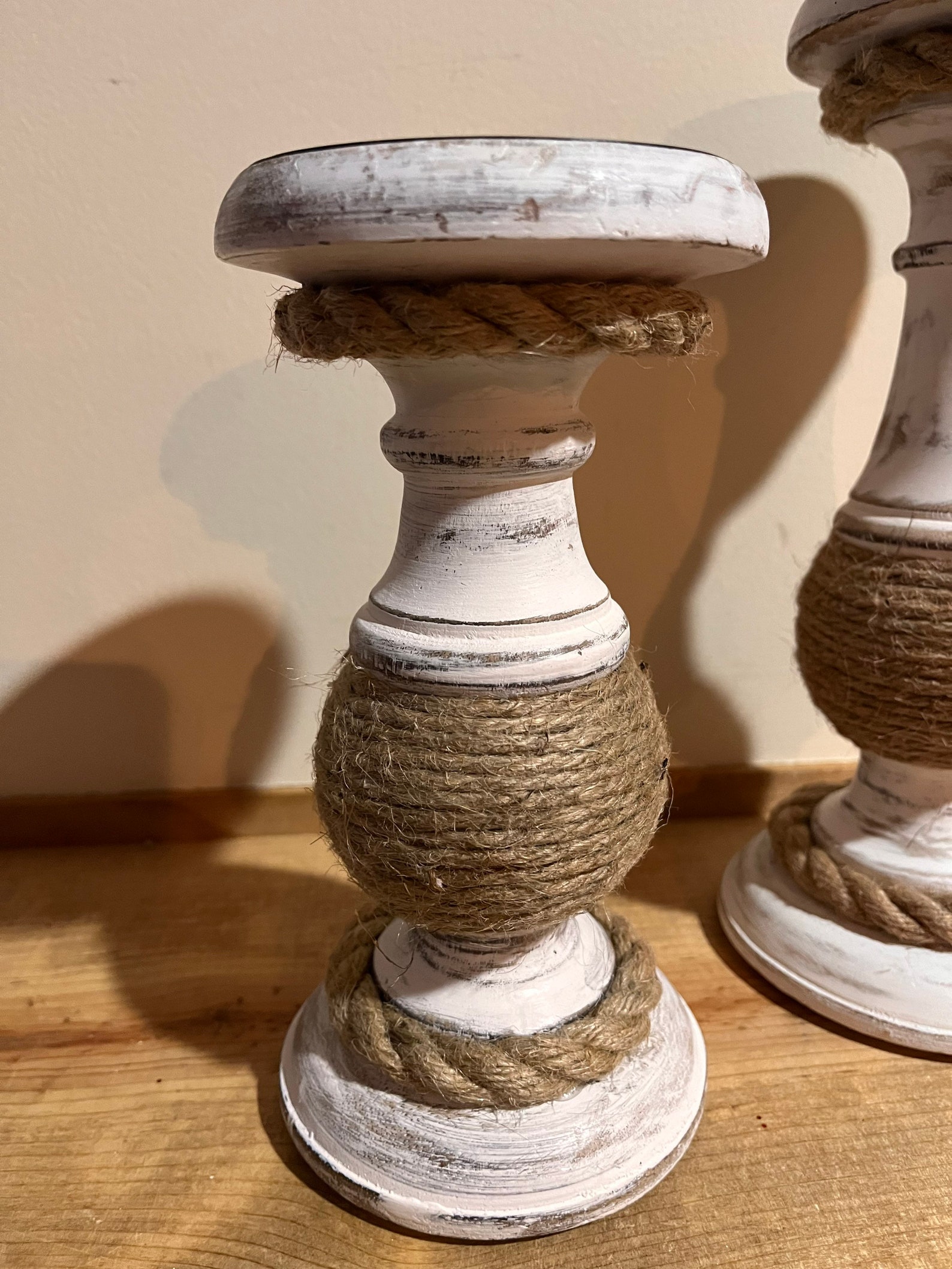 Set of Two Varied Height Candle Holders With Rope/jute, Nautical or